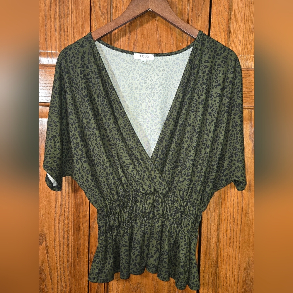 Persaya V Neck Short Sleeve Peplum Pullover Green Black Elastic Waist sz…